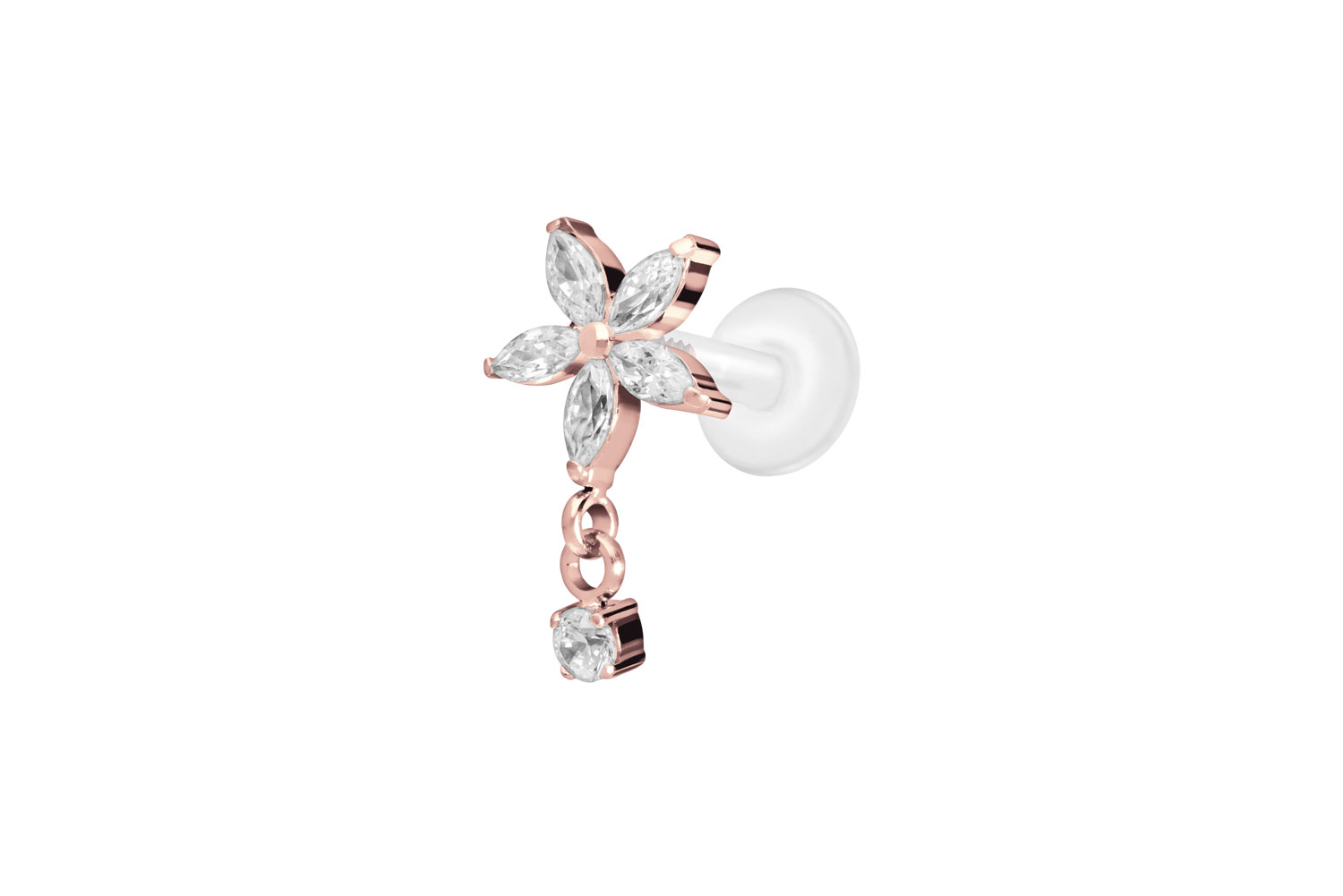 PTFE Labret Piercing mit Innengewinde + Titan-Aufsatz KRISTALLBLUME + KRISTALL